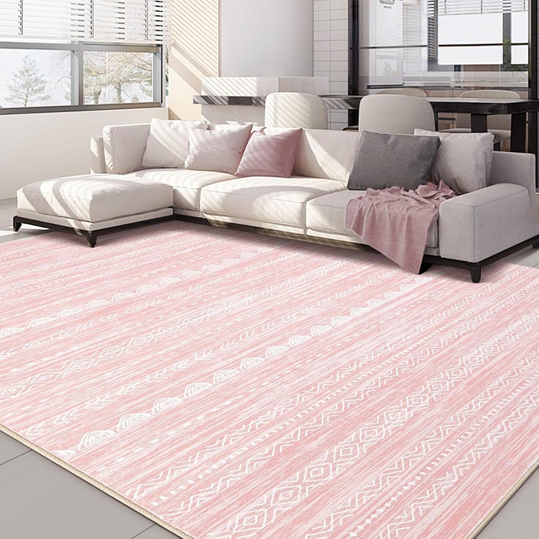 Pink Rugs for Bedroom Girls: 5x8 Washable Boho Large Neutral Area Rug Cute Soft Modern Indoor Floor Non Slip Accent Carpet for Living Room Nursery Kids Playroom Dorm Preppy Baby Room Decor