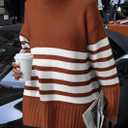 PRETTYGARDEN Women Oversized Striped Turtleneck Sweater 2025 Fall Fashion Long Sleeve Pullover Winter Chunky Knit Jumper Tops (Brown)