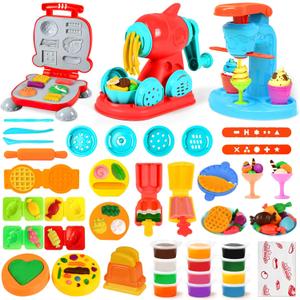 3 in 1 Dough Sets 59 PCS for Kids Ages 4-8, Dough Tools Kit with Ice Cream Noodle Hamburger Maker Machine, Kitchen Creations Art Crafts Food Play Toys for Boys Girls Kids Toddlers Ages 3+