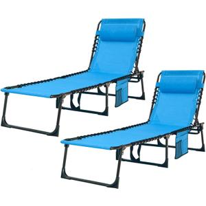 Folding Chaise Lounge Chair Bed Set of 2 - Heavy-Duty 400lb Capacity Portable Adjustable Recliner w/Pillow for Patio, Pool, Camping, Sunbathing - Lay Flat Design (Blue)