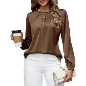 Blooming Jelly Womens Dressy Business Casual Blouse Pleated Long Sleeve Tops Satin Silk Work Shirt Fall Outfits 2024 (Medium, Brown)