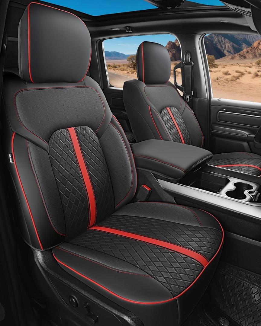 Leather Car Seat Covers for Dodge Ram 1500 4 Door 2019-2026 Crew Cab, Custom Fit Truck Seat Protectors Full Set, Black Red (BucketSeat with 40/60 Split Rear Flat Bench)