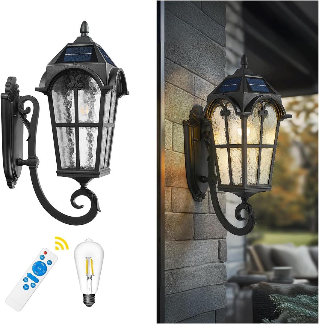 Emliviar Exterior LED Solar Wall Sconce with Remote Control, 24'' Front Door Wall Lantern with Water Grain Glass Shade, Waterproof Solar Black Wall Light with E26 Bulb, YXE302MB-SL BK