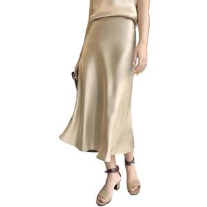 CYTSH Silk Satin Skirts for Women High Waisted Skirt A-Line Elegant Skirts (Small, Beige Gold)