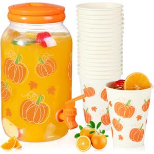 Umigy 1 Gallon Fall Pumpkin Plastic Drink Dispenser with 20 Pcs 12 oz Paper Cups Thanksgiving Harvest Kitchen Decoration Beverage Water Dispenser with Spigot for Juice Beer Autumn Party Supplies