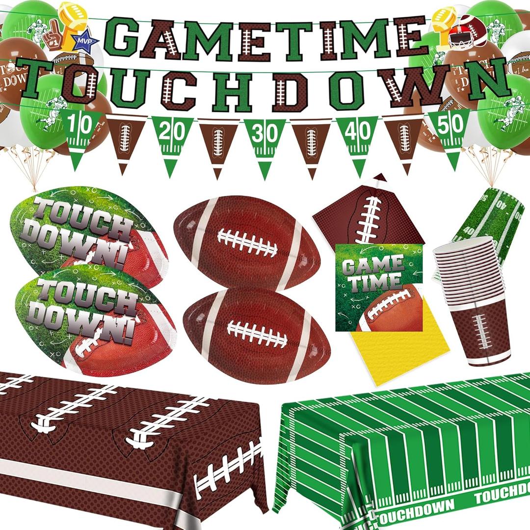 Football Party Supplies Kit Serve 24,Football Dinner Plates, Dessert Plates, Napkins, Cups,Banner,Balloon andTablecloth for Football Birthday Party Football Game Day Tailgate Party Decorations