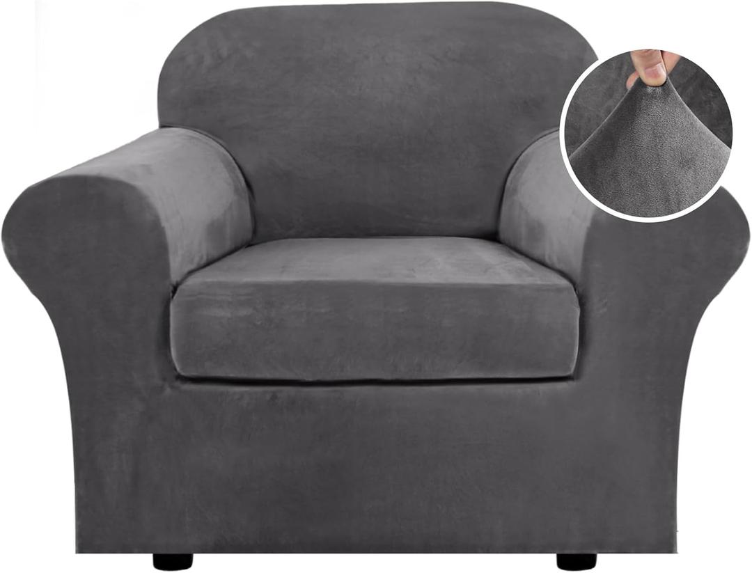 H.VERSAILTEX Rich Velvet Stretch 2 Piece Chair Cover Chair Slipcover Sofa Cover Furniture Protector Couch Soft with Elastic Bottom Chair Couch Cover with Arms Width Up to 49 Inch(Chair,Grey)