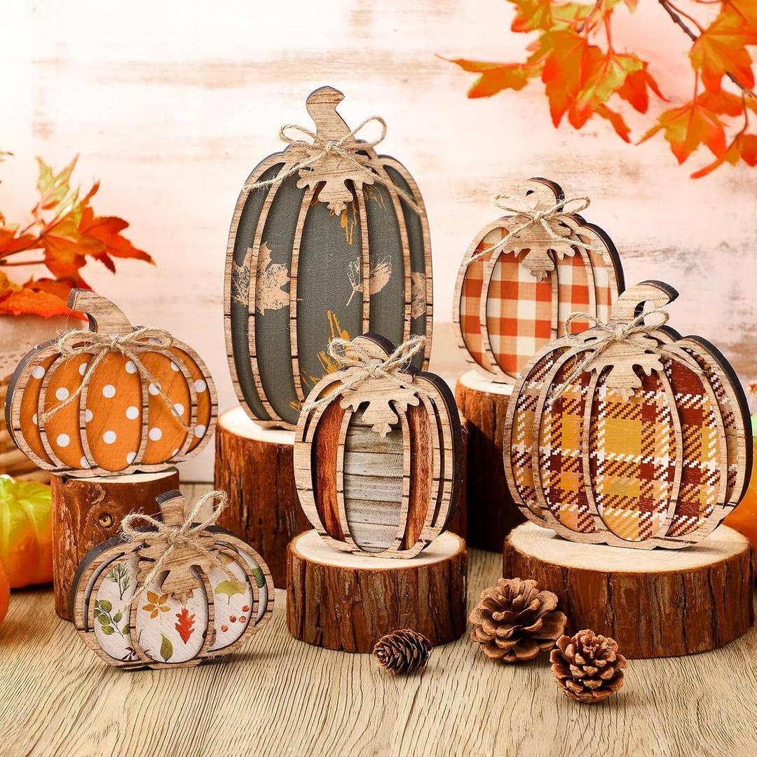 Leinuosen 6 Pcs Thanksgiving Pumpkin Decor Fall Decor for Home Pumpkin Wooden Block Sign Fall Tiered Tray Decorations Thanksgiving Table Centerpieces Decorations for Harvest Party Home Kitchen Shelf