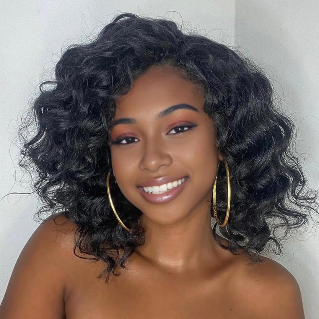 Leeven 10 Inch Pre Looped Ocean Wave Crochet Hair 8 Packs Black Short Curly Crochet Hair Boho Ocean Braids Pre Twisted Synthetic Deep Wavy Crochet Hair for Women