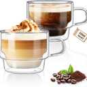 glastal 12 oz Latte Macchiato Glasses, Double-Walled Coffee Glasses, Set of 2, Glass Stackable Coffee Cups, Tea Glasses with Handle for Cappuccino, Tea, Milk, Gifts for Women Friends New Home Gift