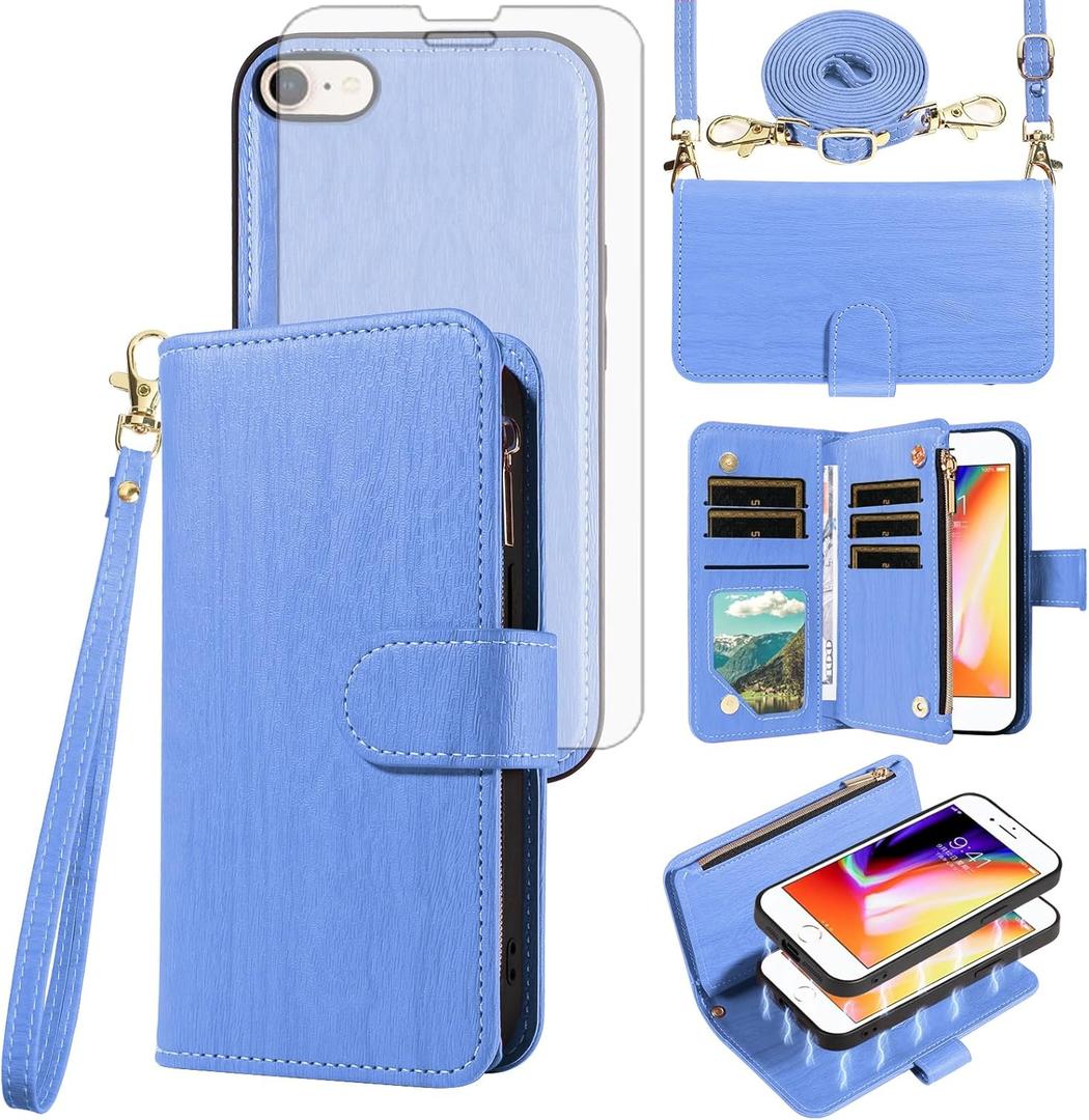 Asuwish Phone Case for iPhone 7/8/SE 2020/2022 Zipper Wallet Cell Cover with Screen Protector Strap Card Holder iPhone7 iPhone8 7s 8s i SE2020 SE2022 2/2nd/3/3rd Generation SE2 SE3 7SE 8SE Women Blue