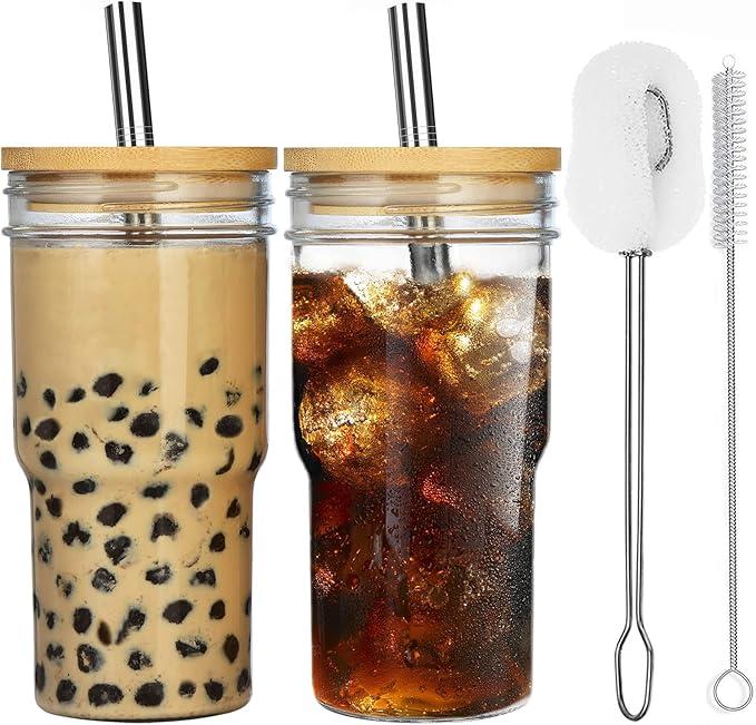 ALINK 2-Pack Glass Cups with Bamboo Lids and Straws, 22oz Mason Jar Glass Tumbler, Reusable Boba Cups, Iced Coffee Drinking Glasses for Bubble Tea, Smoothies, Juice - 2 Cleaning Brush