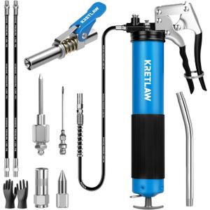 KRETLAW Grease Gun, 7000 PSI Heavy Duty Professional Pistol Grip Grease Gun Kit 14 OZ with Coupler, Double Grease Injector Needles, 18" & 2pc 12" Flex Hoses and Reinforced Glove