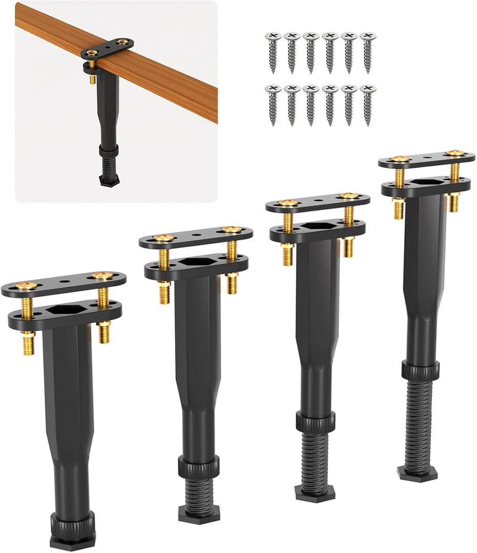 Adjustable Height Bed Support Legs (6.5"-11") - Heavy Duty Center Support for Bed Frame with Wider Base, Under Bed Replacement Legs Kit for Wood Slats/Furniture, Black Plastic Legs (4 PCS)