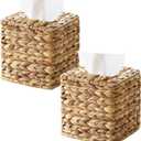 2 Pack Rattan Tissue Box Cover Square, Wicker Tissue Box Holder Facial Tissues Boxes, Hand Woven Square Tissue Box Cover Tissue Holder for Bathroom, Natural