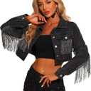 Allegra K Women's Crop Denim Jacket Tassel Casual Button Down Long Sleeves Jean Coat (X-Large)