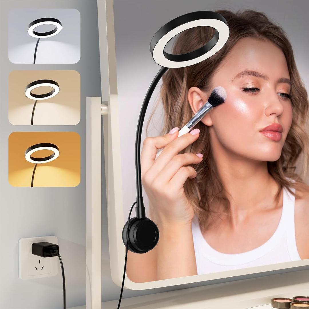 Suction Cup LED Vantiy Lights for Mirror, Flexible Gooseneck Stick on Selfie Ring Light for Makeup Vanity Table & Bathroom Mirror, 3 Color Modes & 10 Brightness, Plug in, Black (17"L x 4.7"W)