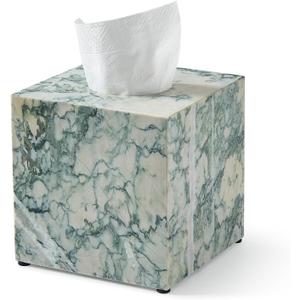 Real Natural Marble Tissue Box Cover, 5.5 Inch Square Marble Tissue Box Holder with Open Bottom, Heavy Stone Decorative Organizer for Bathroom Vanity, Kitchen Countertop, Luxury Home Dcor (Cyan-green)
