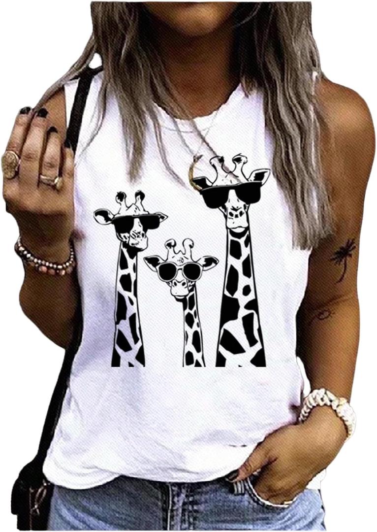 Women's Cute Giraffe Printed Tank Top Funny Summer Animal Graphic Sleeveless Tee Shirt (White)