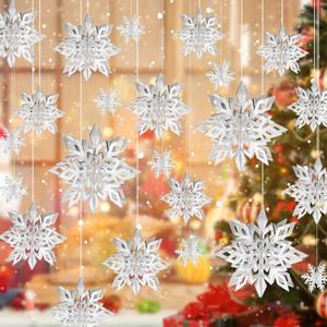 24PCS Snowflake Christmas Decorations, 3D Large Silver Paper Snowflakes Garland Hanging Snow Flakes for Winter Wonderland Christmas Party Decorations Holiday New Year Home Decor, Argent Silver