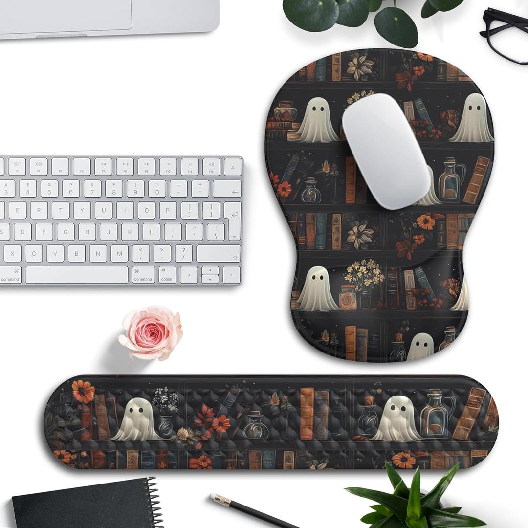 Ghost Book Mousepad with Wrist Rest Halloween Computer Keyboard Mouse Pad Black Cute, Mouse Pad with Wrist Rest for Computer Keyboard, 2 In1 Mousepad with Wrist Support Easy Typing&Relieve Wrist Pai (Dark Color)