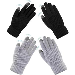 Womens Touch Screen Gloves Winter Warm Knit Fleece Lined Gloves Elastic Cuff Texting Mittens Gifts (C-2 Pairs(Black/L-Grey))