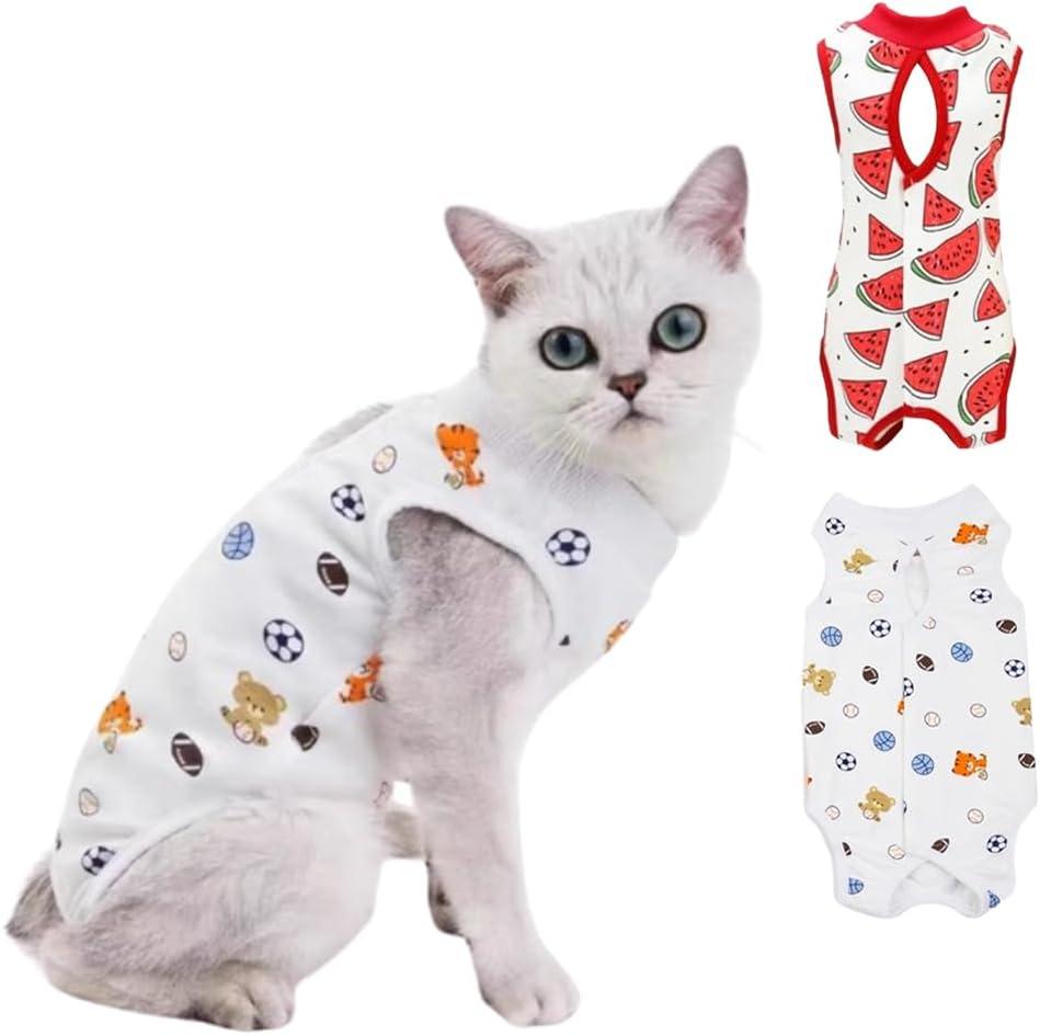 2-Pack Pet Post-Surgery Recovery Suit for Cats Dogs, Abdominal Wound Protector Anti-Licking, Soft Breathable Onesie with Adjustable Fit, Small Pets Universal Tee(Medium, Watermelon,Football)