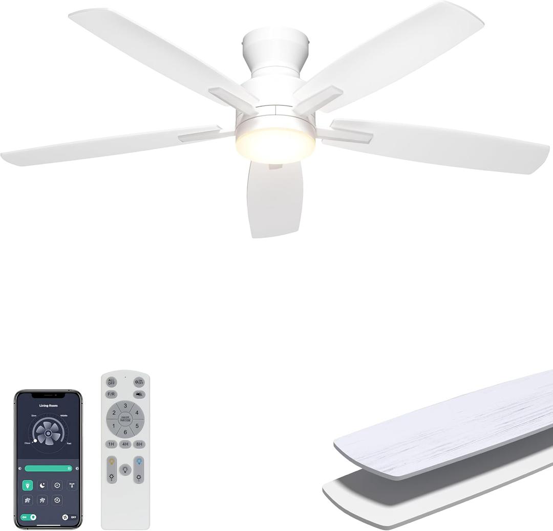 Ohniyou 52 Flush Mount Ceiling Fan with Lights, Remote & APP Control Low Profile Indoor Outdoor Ceiling Fans, Dimmable, Quiet DC Motor, Reversible, White