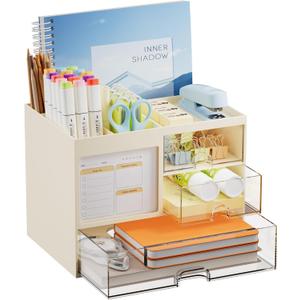 Marbrasse Desk Organizer with 3 Drawer, Multi-Functional Pencil Pen Holder for Desk, Desktop Organizer Storage for Office Home Art Supplies (Beige)