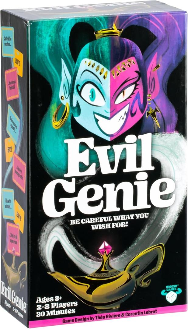Evil Genie, Party Game Where Players Combine Good Cards with Evil Cards to Grant One Messed Up Wish, Then Guess If The Wish Will Be Taken to Score Points & Win The Game, for 2 – 8 Players​, Ages 8+