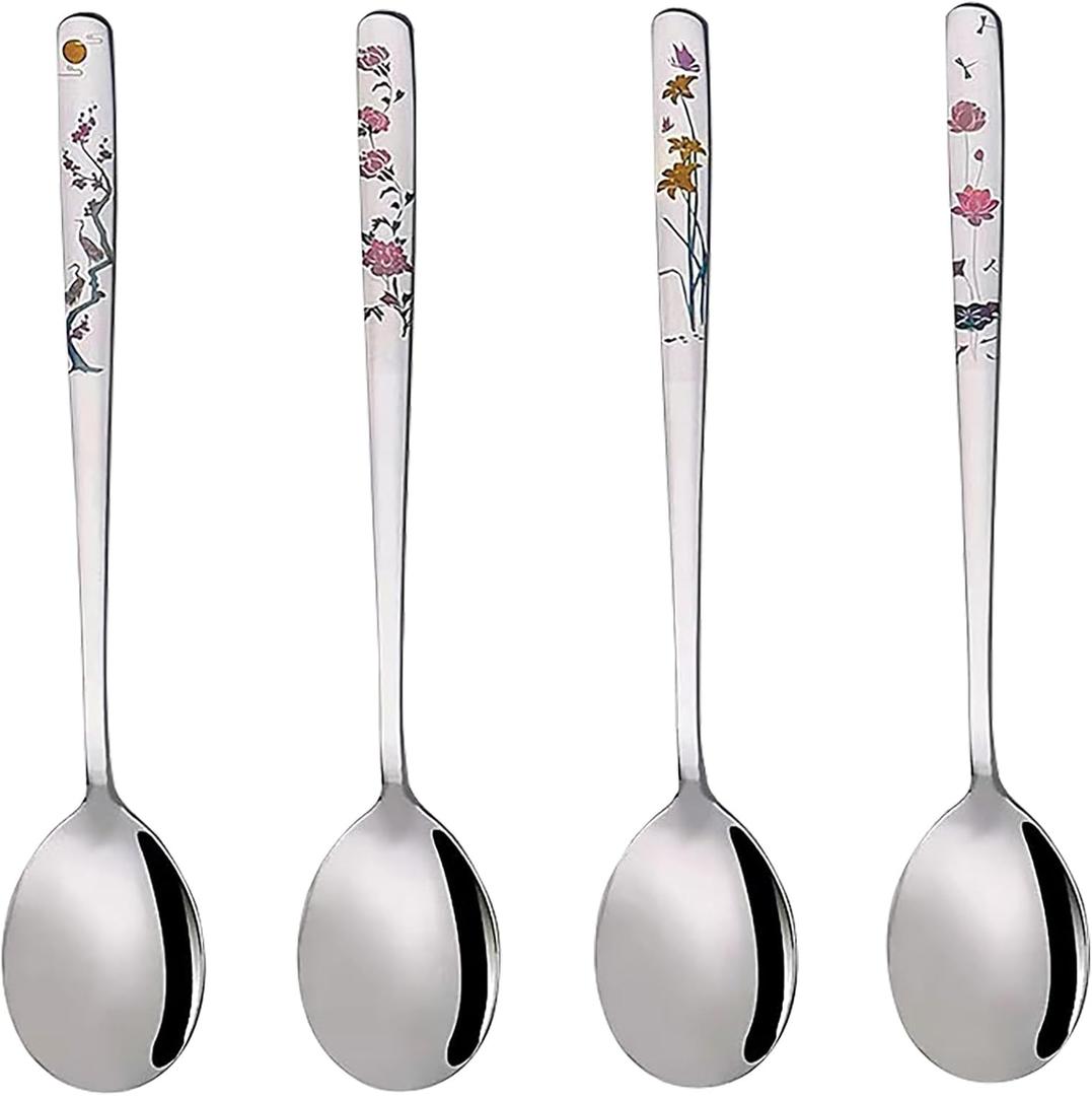 Korean Soup Spoons, 18/8 Stainless Steel Long Handle 8 Inch Tablespoon, Asian Metal Dinner Spoons, Set of 4 (flowers)