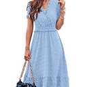 BTFBM Elegant Short Sleeve V Neck Swiss Dot Midi Summer Dresses for Women 2023 Boho Ruffle Long Dresses Ruffle Cocktail Dress（Solid Sky Blue, Small