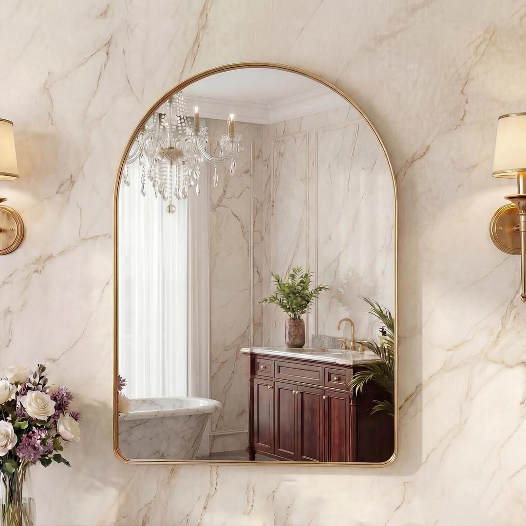 OLIXIS 36x24 Inch Arched Bathroom Wall Mirror, Rounded Rectangle, Gold