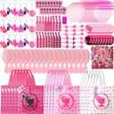 HyDren 147 Pcs Pink Girls Party Favors Hot Pink Princess Birthday Party Supplies Include Bag Crown Headband Comb Keychain Round Mirror Hairpin Card Sticker Hair Clip Bandaged Silk for Girls Guests