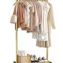 Clothes Rack - Clothing Rack with Storage Mesh Shelf & Casters, Heavy-Duty Metal Clothing Rack for Hanging Clothes, Dresses, Coats, Large Load Capacity, Easy Assembly, Gold, 28.0"x16.9"x59.0"