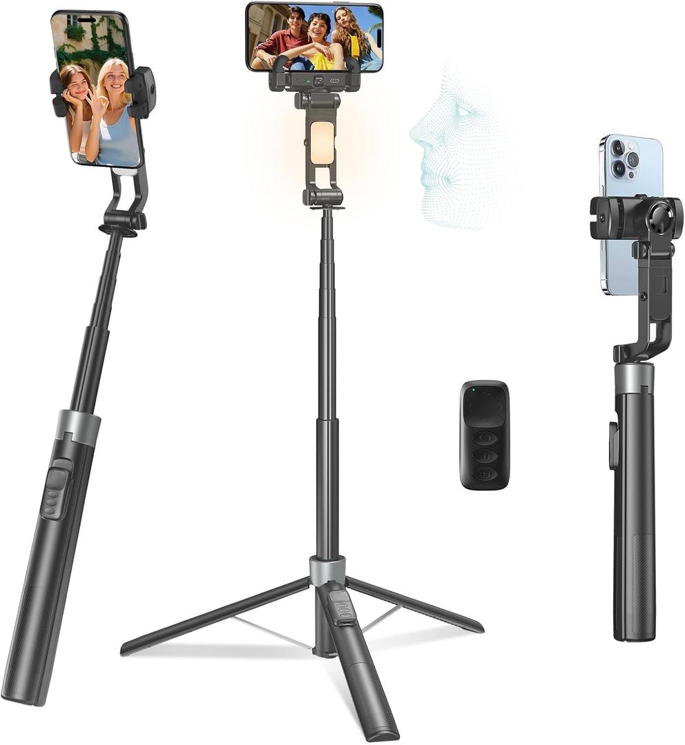 69" Auto Face Tracking Tripod for iPhone/Android, Foldable 2-Axis Phone Gimbal Stabilizer, 360 Degree Rotating, Portable, Extendable Selfie Stick with Light & Remote for Fitness, Travel Vlog