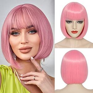 YBYMCAI Pink Bob Wig With Bangs Short Pink Wigs For Women Straight Bob Bangs Wig 10 Inch Heat Resistant Synthetic Hair Natural Looking For Daily Party Use