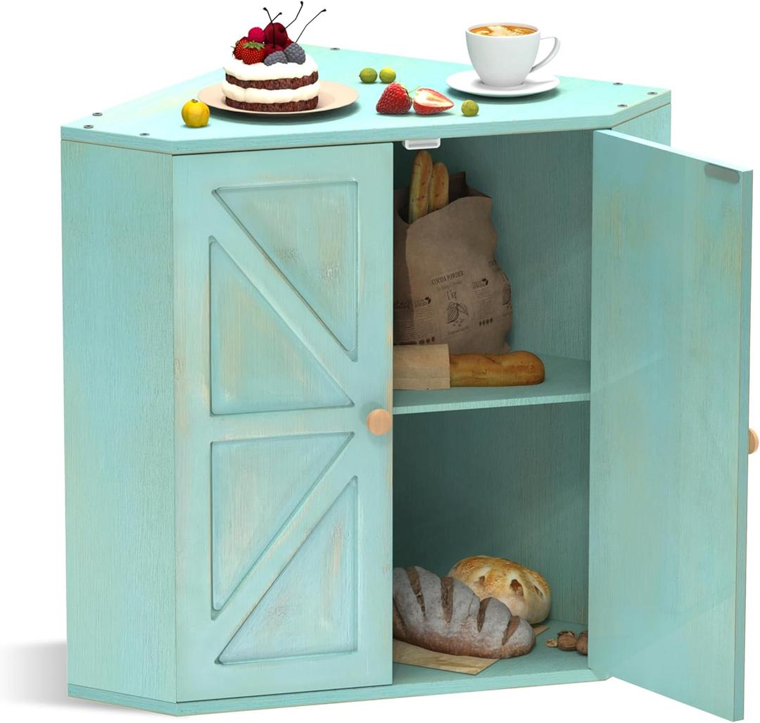 Corner Bread Box for Kitchen Counter Double Layer Bamboo Bread Storage Container Large Capacity Bread Storage Bin Farmhouse Breadbox Organizer (Antique Blue)