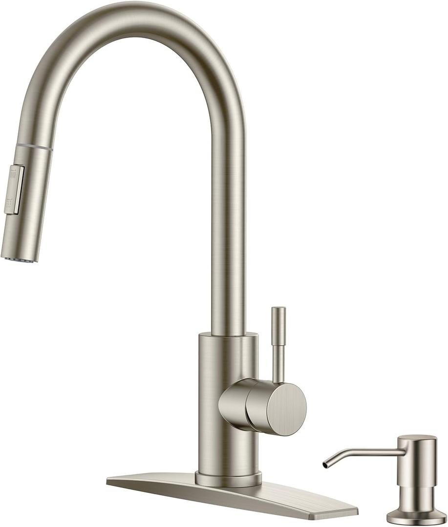 FORIOUS Brushed Nickel Kitchen Faucet with Soap Dispenser, High Arc Modern Sink Faucet with Pull Down Sprayer and Deck Plate, Stainless Steel Fit for 1 or 3 Hole for Pot Filler Bar Rv