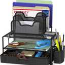 Simple Houseware Mesh Desk Organizer with Sliding Drawer, Double Tray and 5 Stacking Sorter Sections, Black