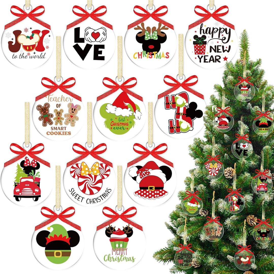 Clear Acrylic Ornaments - 12pcs Round Christmas Tree Decorations with Mouse Design Craft Ornaments for Party Hanging