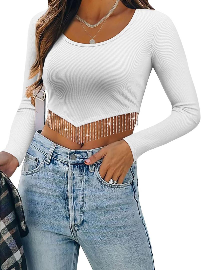 ZXZY Women Soft Ribbed Sparkly Rhinestone Fringe Long Sleeve Crop Top Cropped T Shirts (Large)