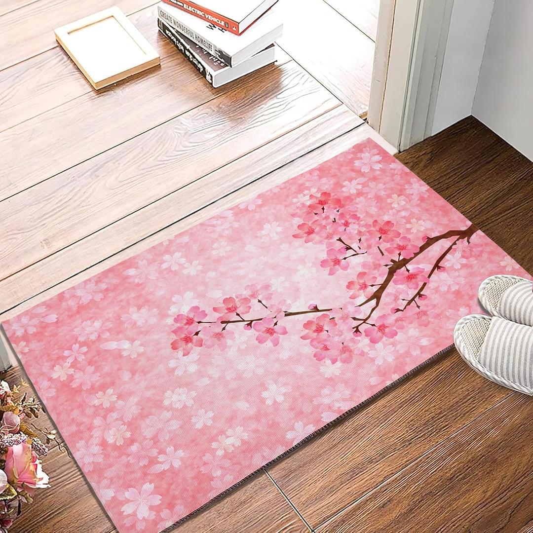 SPUNKER Door Mat,Pink Cherry Blossoms Welcome Mat,Doormats Indoor Entrance, Entry Mat, Indoor Outdoor Mat, Low-Profile Floor Rugs for Entry, Patio, 17''x30''
