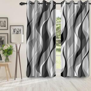 Grey Black Modern Blackout Curtains for Bedroom Living Room,2 Panels Sets Window Curtain, Striped Gray Stylish Simplicity Abstract Thermal Insulated Printed Curtains with Grommet,42" Wx84 L