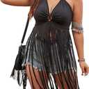 SHENHE Women's Plus Size Fringe Tops Sexy Halter Neck Backless Boho Tassel Cropped Going Out Top (Black), Extra Large Plus 