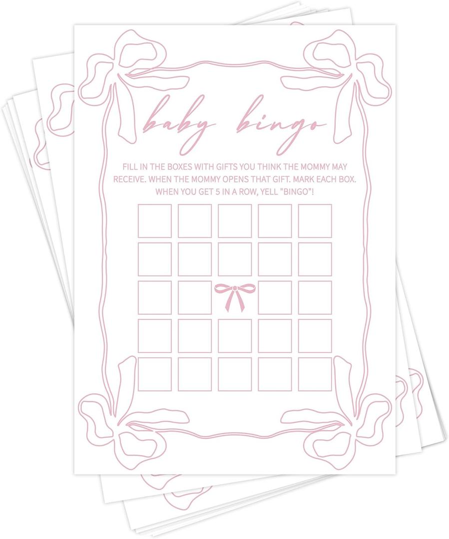 Baby Shower Baby Bingo Games, Pink Bow Gender Reveal Card, Funny Coquette Party Activity for 25 Guests, Minimalist Newborn Celebration Favor for Mommy to Be -A08