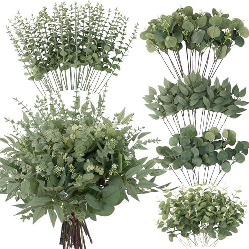 lovemoon 130 Pcs Artificial Mixed Eucalyptus Stems Bulk, 5 Kinds of Faux Greenery Eucalyptus Leaves Bulk for Vase Wedding DIY Bouquets Floral Arrangement Home Decor (130, Green)
