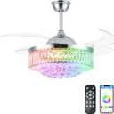 LINSHRY 42 Inch Crystal Chandelier Ceiling Fan with Lights and Remote, 6 Speed Retractable Blades Fandelier Ceiling Fans with RGB Light, Modern Dimmable LED Fandelier for Bedroom Living Room (Chrome)