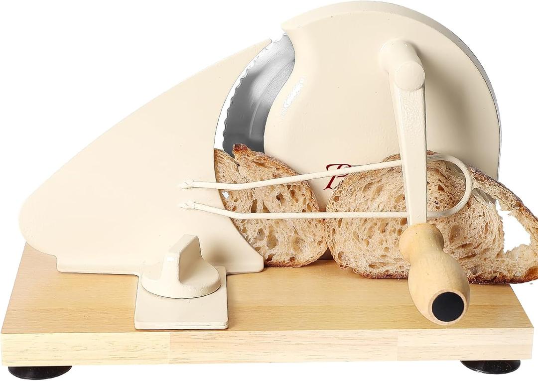 Brvclon Manual Bread Slicer for Homemade Sourdough,Adjustable Thickness,Hand Crank Bread Slicer with Stainless Steel Blade, Aluminum Alloy Frame & Solid Wood Base with Natural Wood Veneer Finish (Warm White)