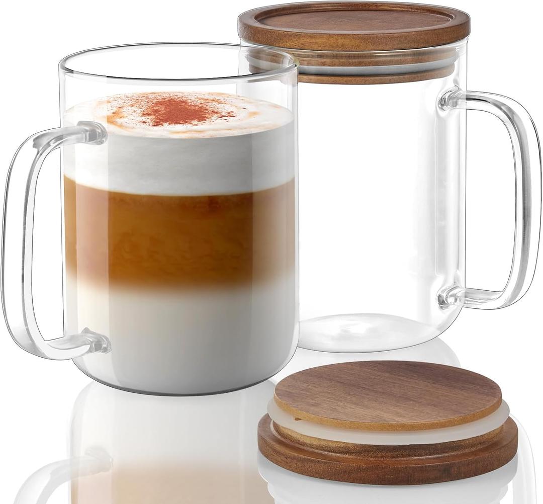 DRASTAR Glass Coffee Cups, 20 oz Large Coffee Mugs, Flat Bottomed Cups with Acacia Wood Lid, Glass Tea Cup with Handle, Clear Tea Cup Set of 2